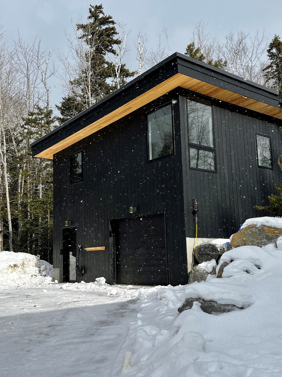 The exterior of a modern black house is shown, surrounded by snow-covered ground and towering trees. Large windows offer glimpses of the interior, while the garage door is visible. Soft snowfall creates a serene atmosphere.