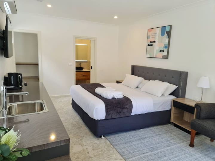 PIR - Phillip Island Resort - Cowes Phillip Island VIC 3922 - Studio  - Kitchenette and bedside tables by Corfield Living - https://www.corfield.com.au/ - https://www.phillipislandresort.au/