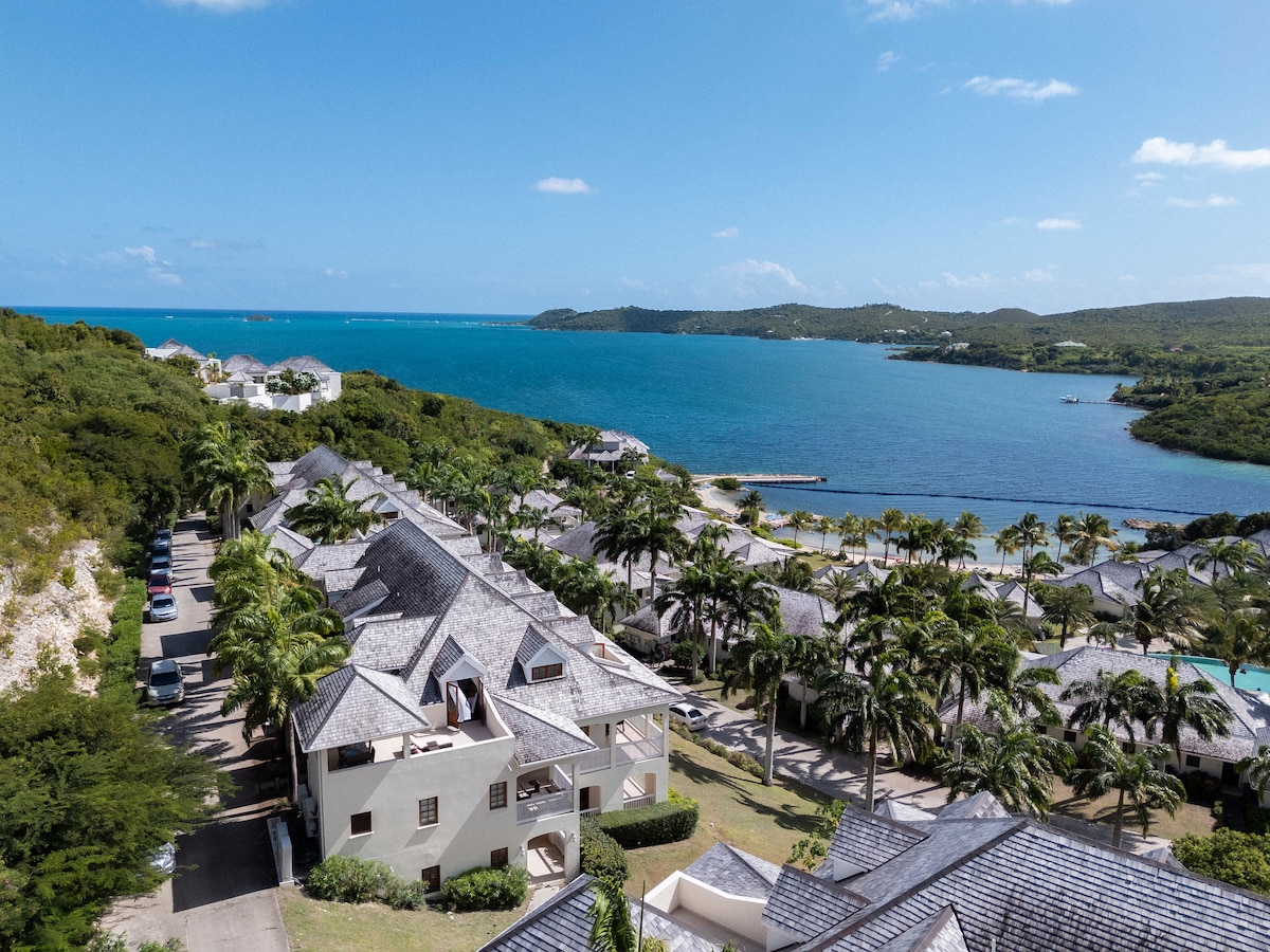 An aerial view captures the villa surrounded by lush greenery and palm trees, overlooking the shimmering blue water. The coastline features gentle waves, and the landscape includes various buildings and parking areas, all set against a clear sky.