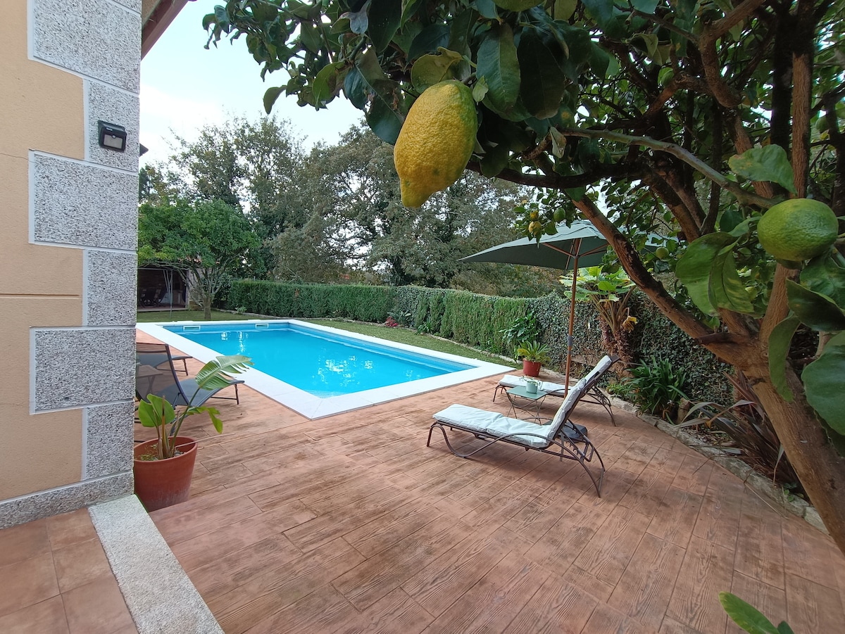 A private pool is surrounded by a lush garden featuring a lemon tree with fruits. A lounge chair is positioned beside the pool, complemented by an umbrella for shade. The area is designed for relaxation, with well-maintained greenery lining the space.