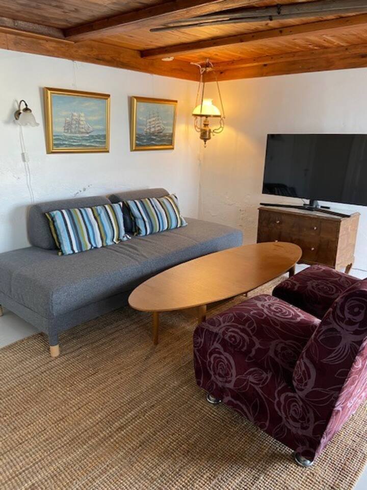 Beneden woonkamer met tv en slaapbank. Anders vind je op de begane grond een slaapkamer met een tweepersoonsbed en een badkamer met douche. 