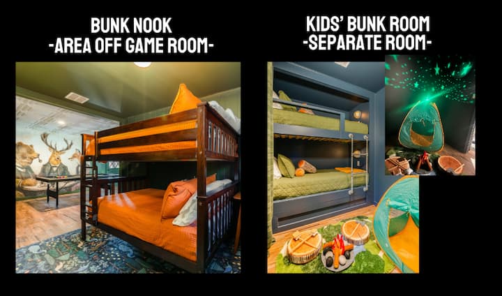 Full over full bunkbed and twin over twin bunkbed downstairs in basement. The blue twin bunkroom has its own door for privacy.