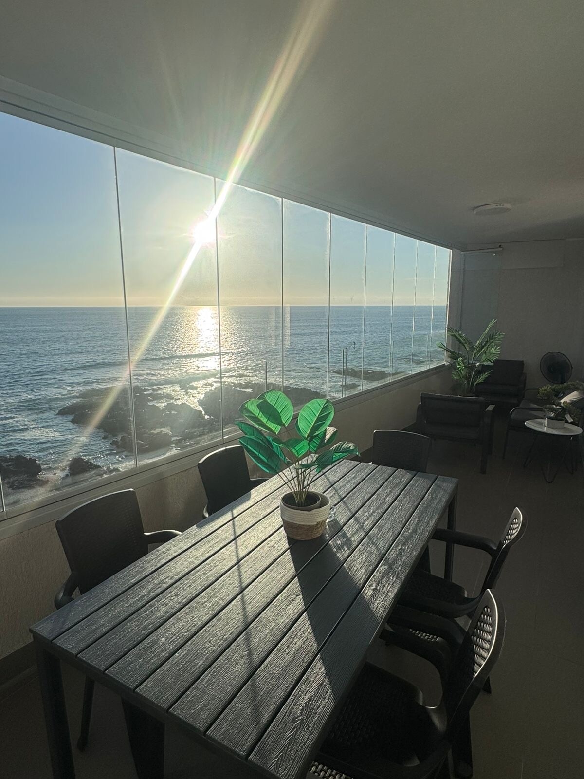 A spacious terrace features a large table surrounded by comfortable chairs, offering a view of the ocean and sunlight reflecting on the water. Potted plants add a touch of greenery, complementing the serene coastal atmosphere.