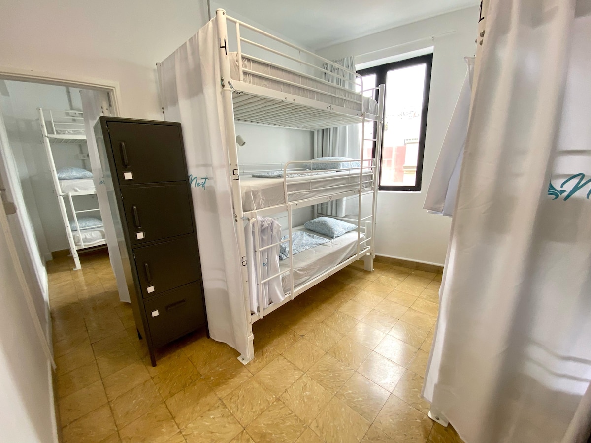 A shared room is displayed, featuring two sets of white metal bunk beds, accommodating six guests. A tall, dark cabinet stands against the wall. Natural light floods the space through a large window, while neutral tones create a clean and simple environment.