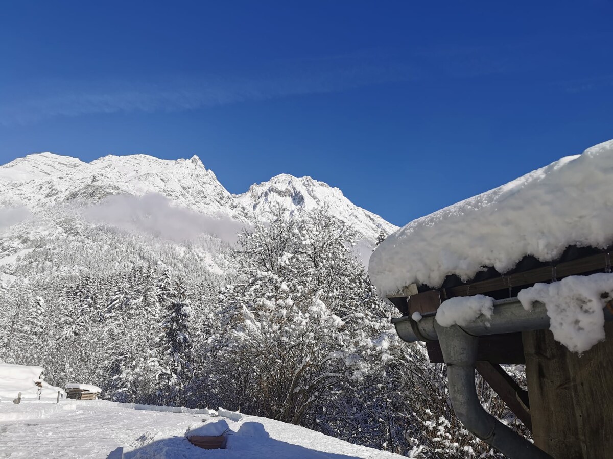 A snowy landscape is presented, showcasing a backdrop of majestic mountains under a clear blue sky. A blanket of snow covers the ground and surrounding trees, while the edge of a roof, laden with snow, is visible in the foreground.