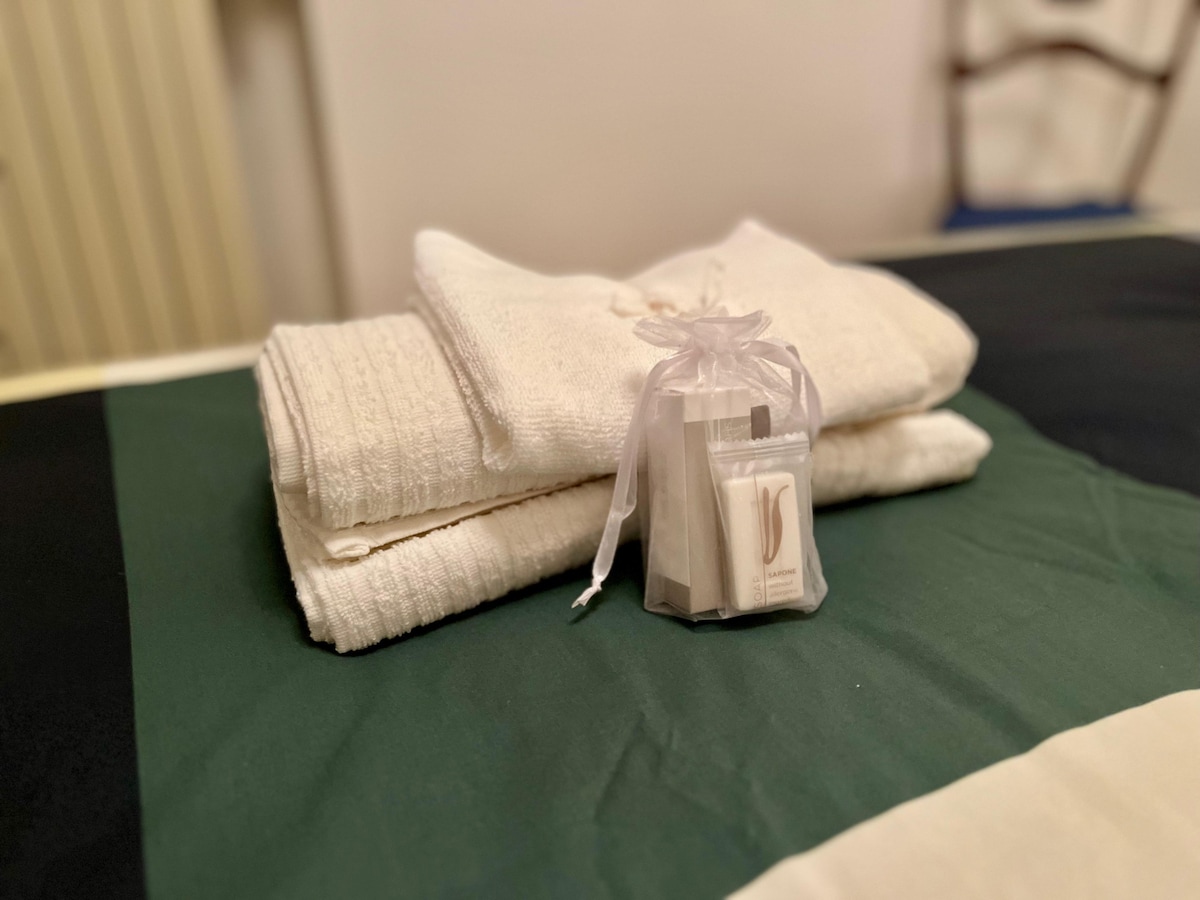Two neatly stacked white towels are placed on a green and black bedspread, accompanied by a small, decorative pouch containing toiletries. The soft textures of the towels contrast with the smooth fabric of the bedding, contributing to a well-prepared space for guests.