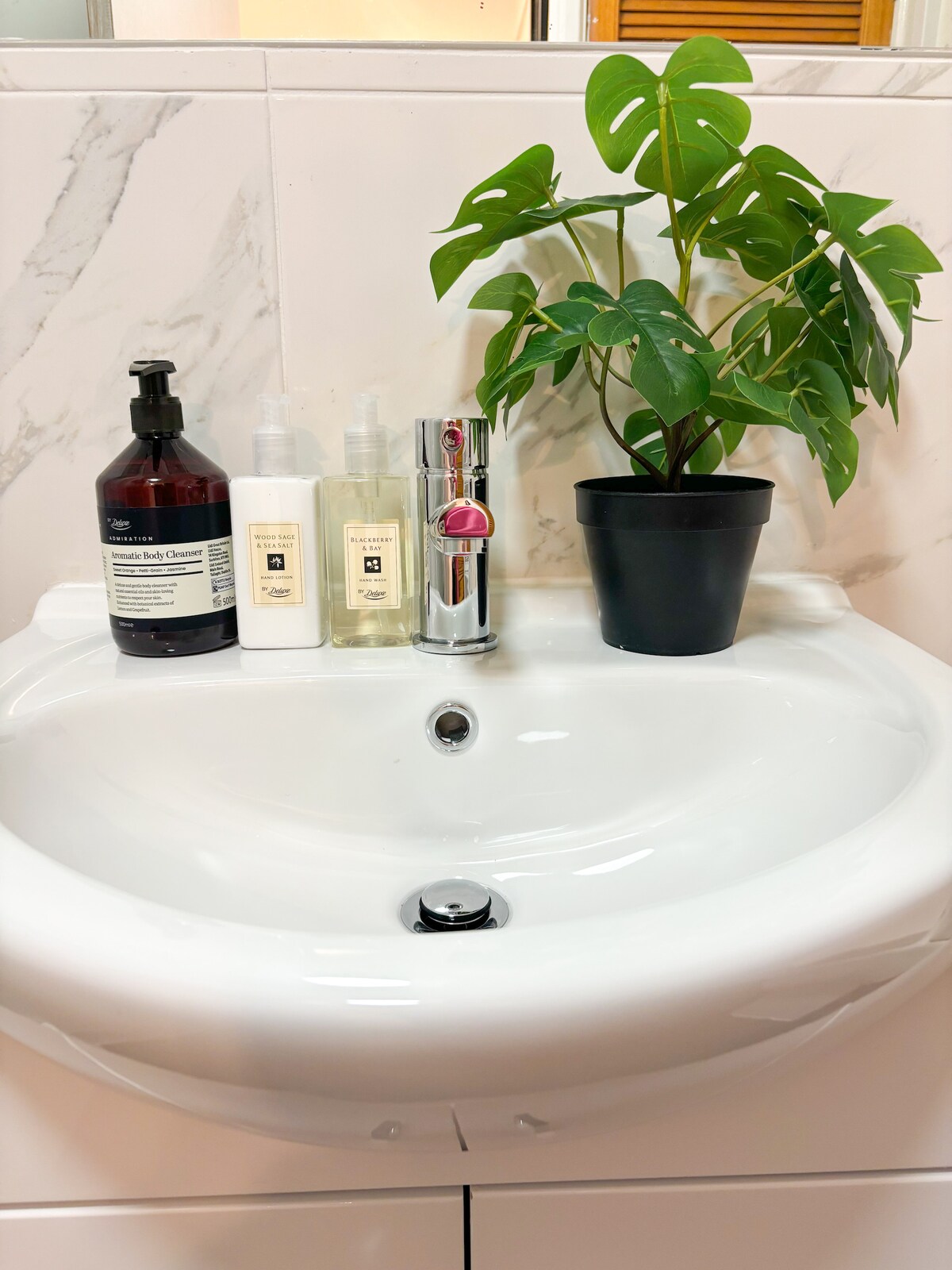 A white sink is displayed with a sleek faucet and a small potted plant beside it. Three bottles of personal care products, varying in size and shape, are arranged neatly next to the sink, creating a tidy and inviting space.