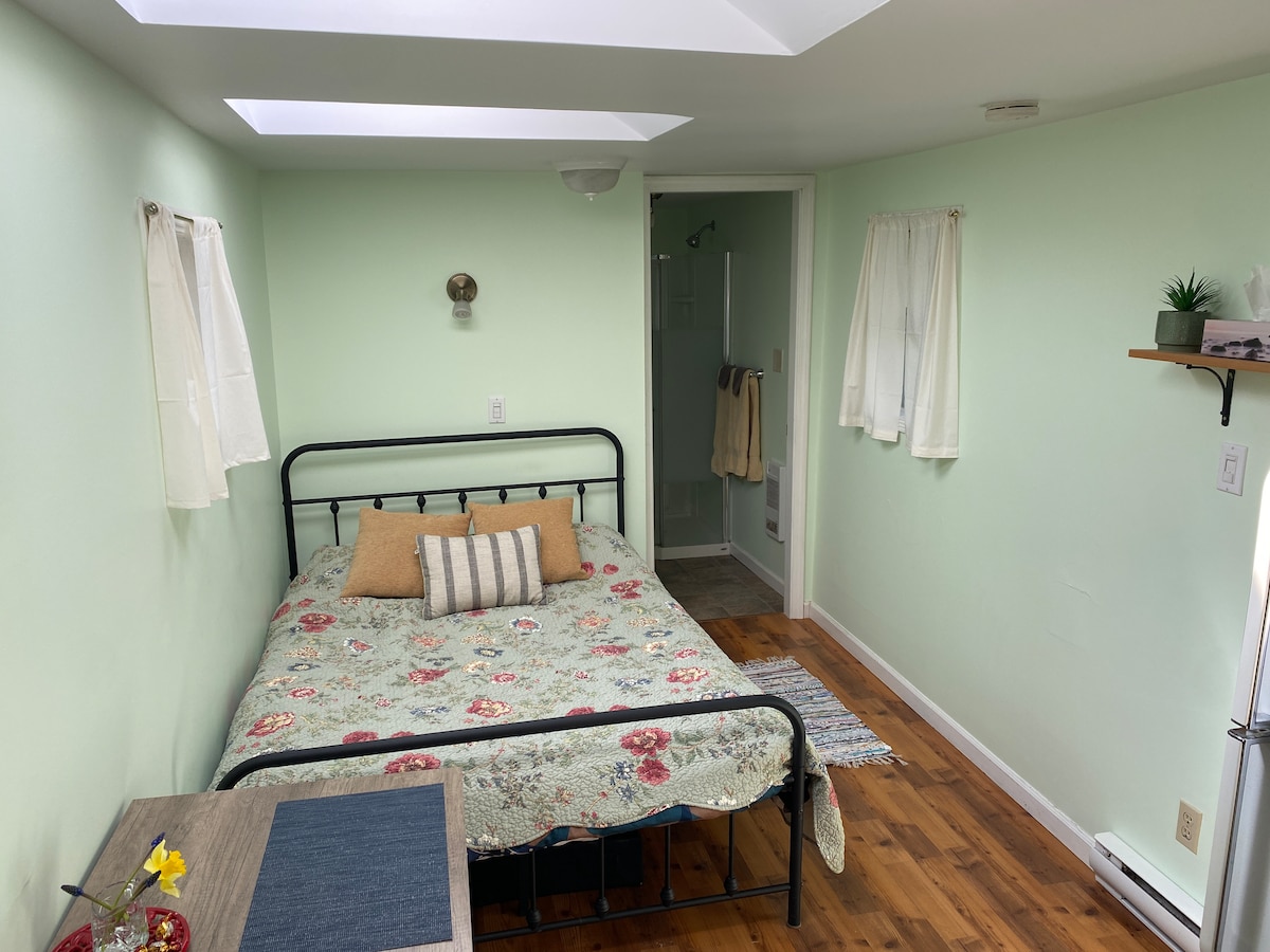 A studio layout is seen, featuring a full-size bed adorned with a floral quilt and decorative pillows. Natural light enters through skylights and windows, illuminating the green walls. A small table is positioned beside the bed, with a bathroom clearly visible in the background.