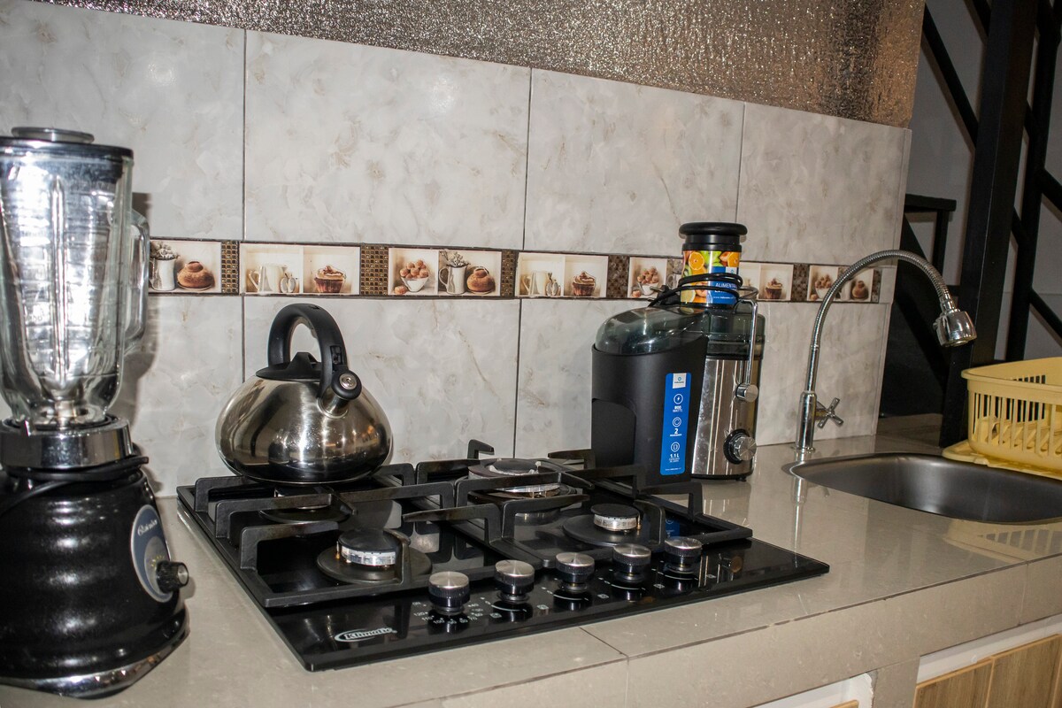 A well-equipped kitchen is showcased, featuring a modern gas stove with multiple burners, a stylish kettle, and a sleek blender. A large sink is visible, alongside a countertop displaying an array of kitchen gadgets, ensuring convenience for meal preparation.