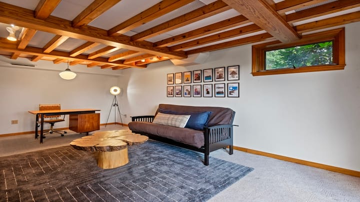 Cozy futon, desk, and coffee table (made from a tree harvested locally!)