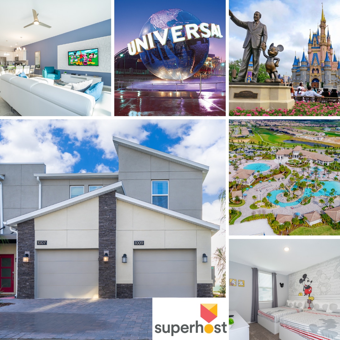 An open-concept living area is displayed with modern furnishings, including a spacious sectional sofa and a large TV. The exterior view shows a beautiful two-story home with a well-maintained facade and a driveway. Nearby attractions, like the iconic Universal globe and Cinderella Castle, highlight the central location.
