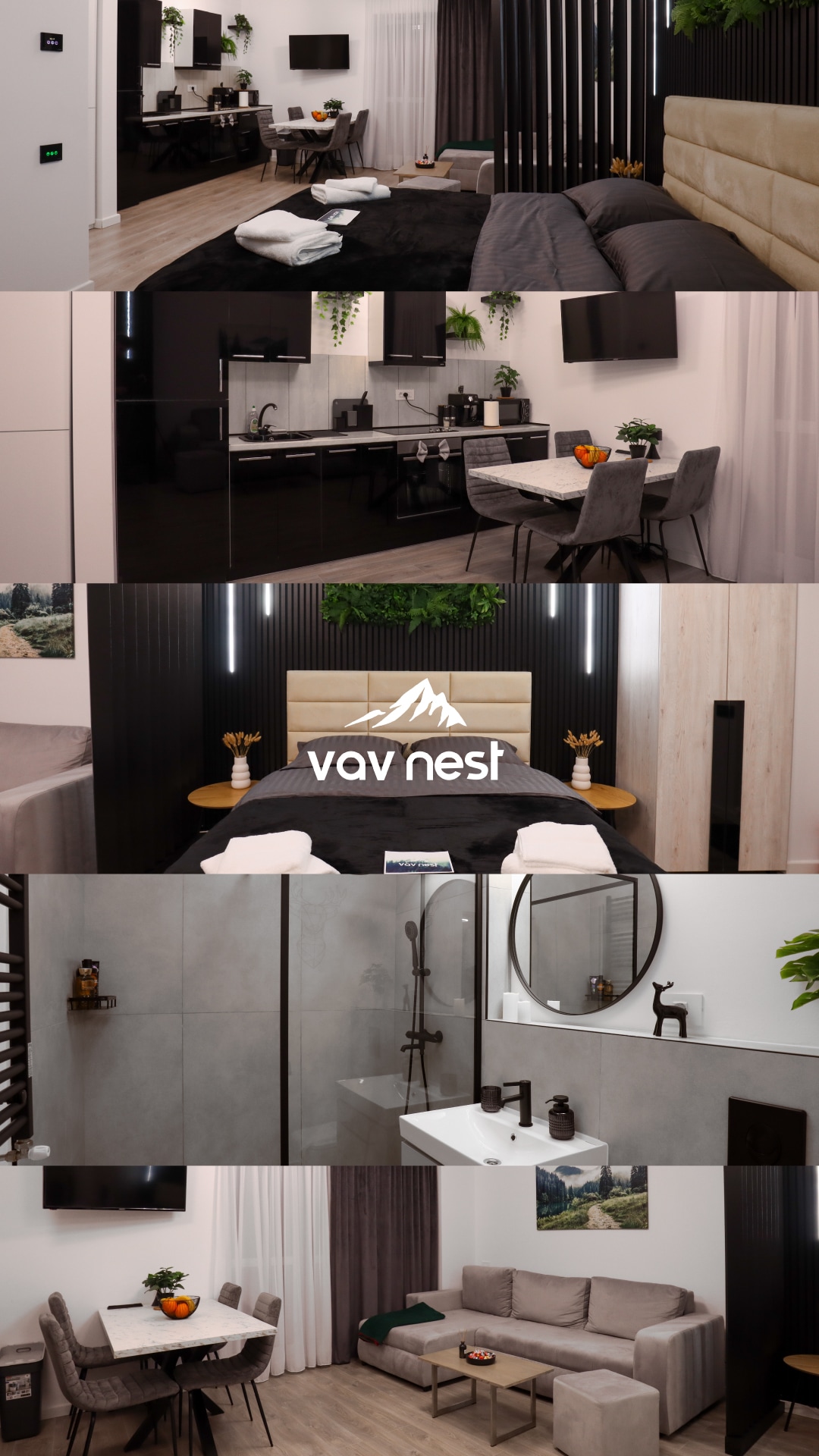 A contemporary studio features a spacious living area with a sleek kitchen and comfortable seating. The bedroom showcases a Queen-sized bed with soft linens, complemented by stylish decor. A modern bathroom with neutral tones includes a walk-in shower. Natural light filters through dark curtains.