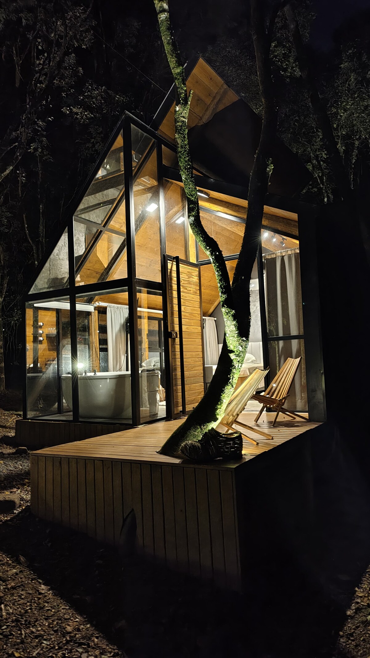A modern cabin structure is surrounded by trees at night, featuring large glass windows that reveal warm interior lighting. Outside, two wooden chairs invite relaxation on a wooden deck, highlighting an intimate connection with nature.