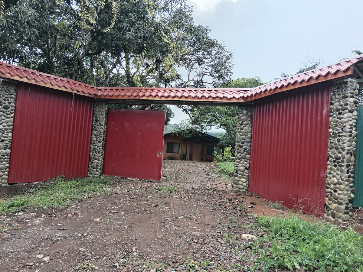 An entrance features a combination of red metal fencing and stone pillars, framed by a rustic, sloped roof. The open gate leads into a gravel path lined with lush greenery, hinting at a tranquil retreat beyond the gates.
