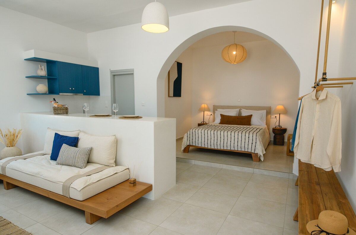 An open-concept studio features a cozy sleeping area with a spacious bed and soft bedding. A seating area with a comfortable daybed complements the room. Stylish decor includes a light fixture and a wooden console, while natural light enhances the welcoming environment.