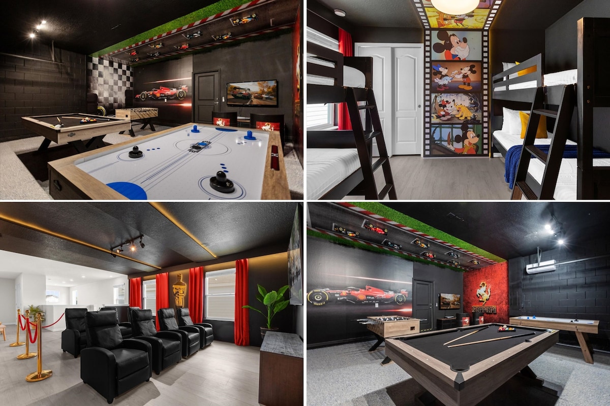 A multi-functional entertainment room is featured, showcasing air hockey and billiard tables, along with a cozy seating area with recliners. Colorful wall art depicting Disney characters is visible, and racing-themed decor enhances the playful atmosphere. Bright lighting complements the dark walls, creating a fun setting.