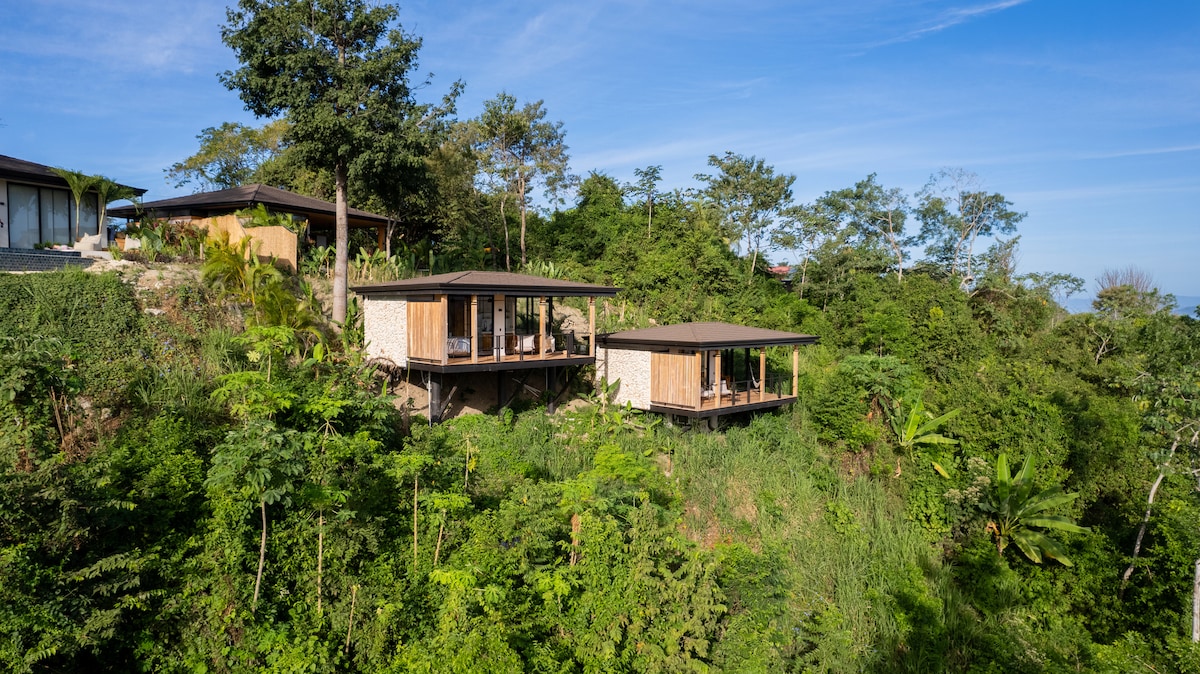 Two elegant cabins are positioned amidst lush greenery, elevated on a hillside. The modern wooden structures feature large windows, allowing for panoramic views of the surrounding environment. Sunlight filters through the trees, highlighting the natural setting.