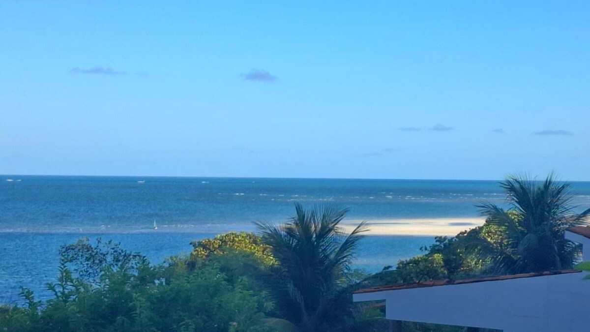 A serene landscape featuring a clear blue sky that meets the calm sea. Gentle waves create a soft rhythm along the shoreline, which is visible in the distance. Lush greenery frames the scene, adding a touch of nature's tranquility.