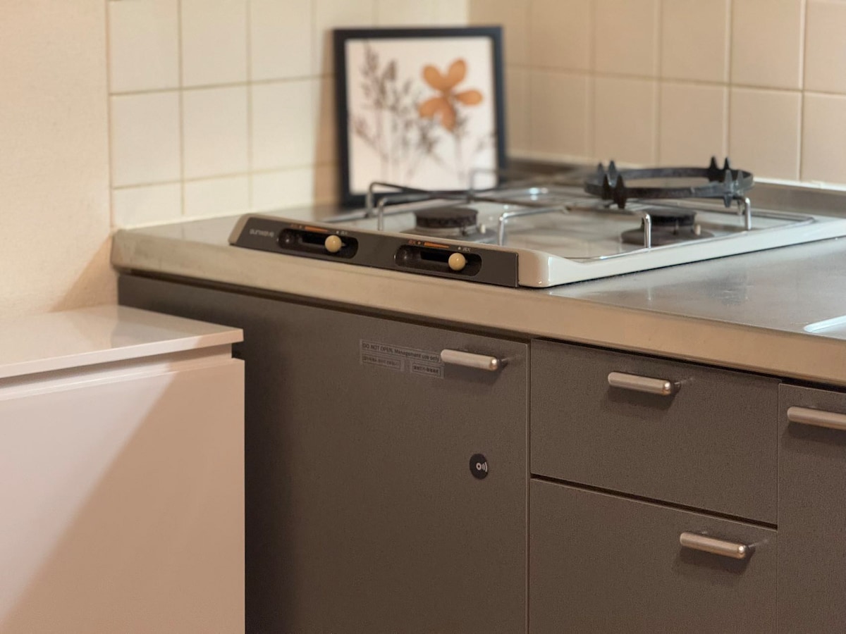 A compact kitchen area features a two-burner gas stove and a clean countertop. A framed botanical print adds a decorative touch. Cabinets and drawers provide storage, while a white unit is situated at the side, enhancing functionality.