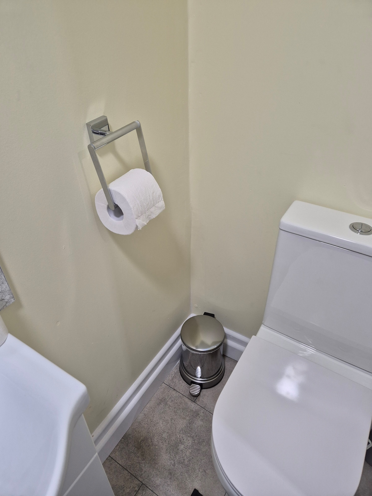 The bathroom features a modern toilet positioned next to a sleek sink. A metallic toilet paper holder supports a roll, while a small trash bin is located beside the toilet. Neutral-toned walls create an understated backdrop.