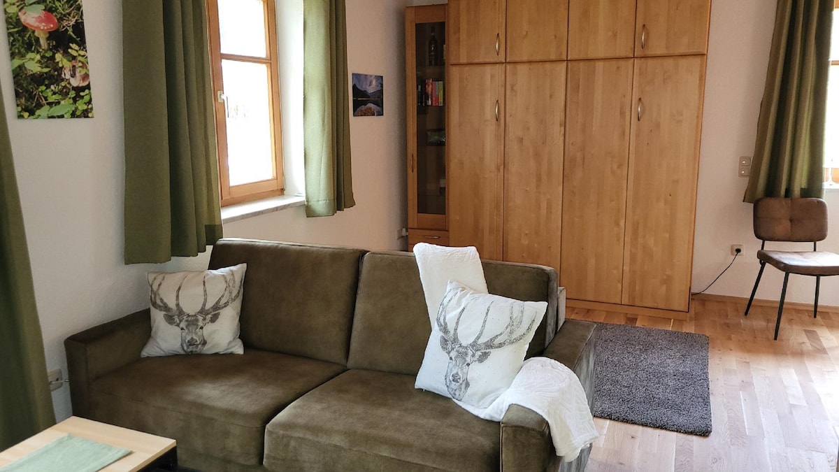 A comfortable living area features a soft sofa adorned with decorative pillows, accompanied by a wooden cabinet and a cozy chair. Natural light enters through the window, and the floor is finished with warm wooden planks, enhancing the warmth of the space.
