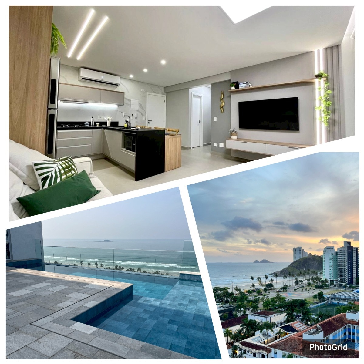 A modern living area features sleek cabinetry and a spacious layout, showcasing a Smart TV mounted on the wall. The kitchen is integrated, exhibiting contemporary appliances. A panoramic view of the ocean and coastline is visible through large windows, enhancing the overall space.