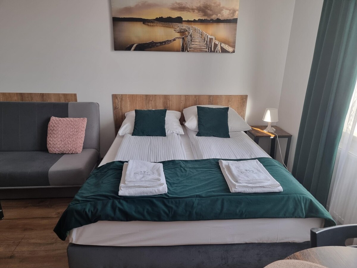 A spacious sleeping area features a double bed with soft linens and decorative pillows. A cozy sofa sits alongside the bed, with a pink cushion adding a touch of color. Light filters through a window, and a bedside table holds a lamp.