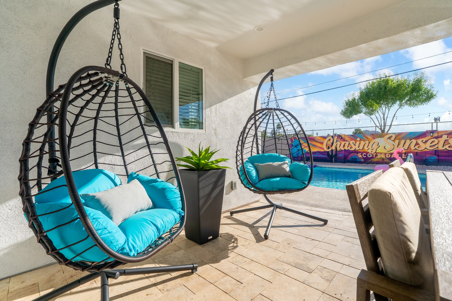 Backyard pool and lounge area at Chasing Sunsets in Scottsdale