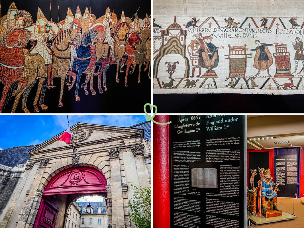 An artistic depiction features a historical tapestry illustrating scenes from the Norman conquest. Elements such as mounted knights and detailed figures are presented, alongside a caption. There is a red entryway with decorative features, and additional panels discuss the history and significance of the artwork.