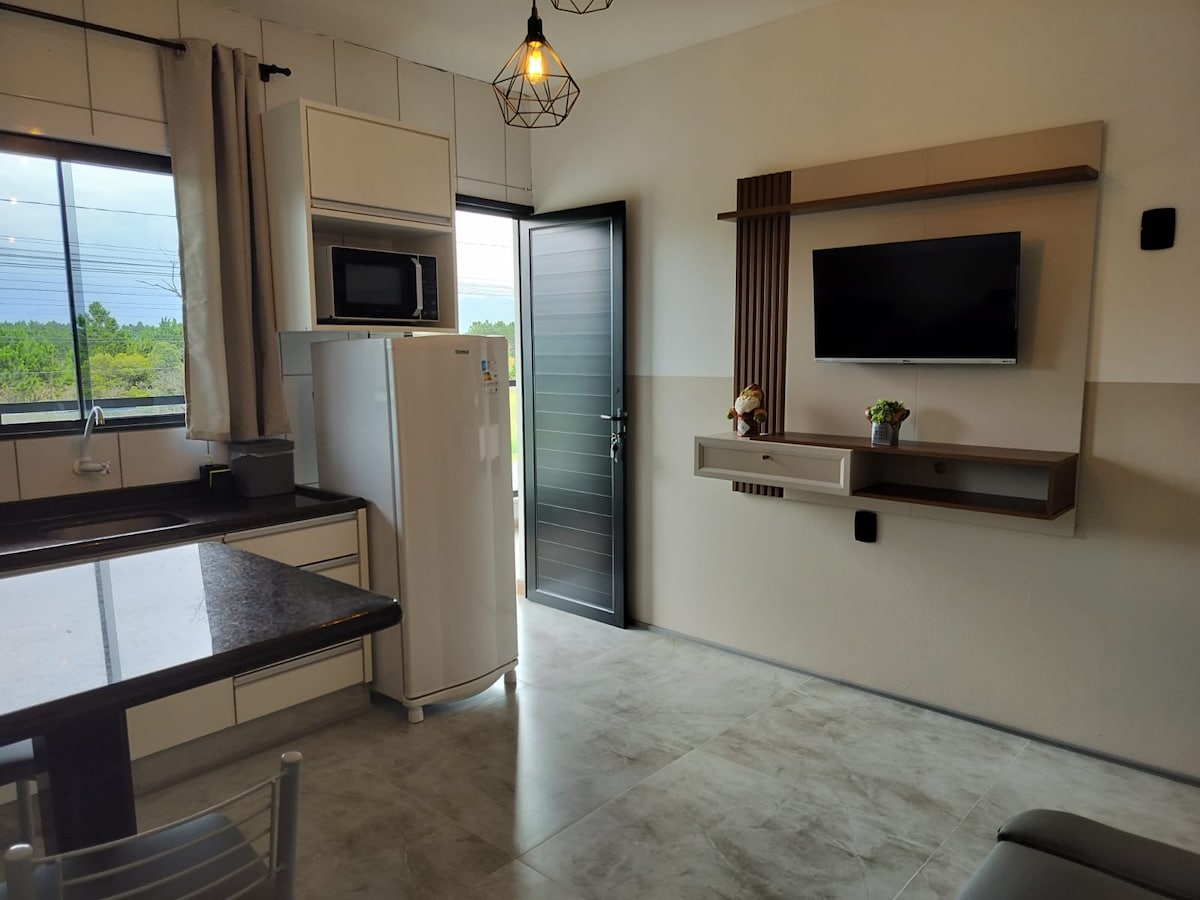 The image shows a modern living area that combines a kitchen and lounge. Large windows allow natural light to fill the space, featuring a sleek refrigerator, microwave, and a mounted Smart TV above a low console. A table with chairs completes the layout.