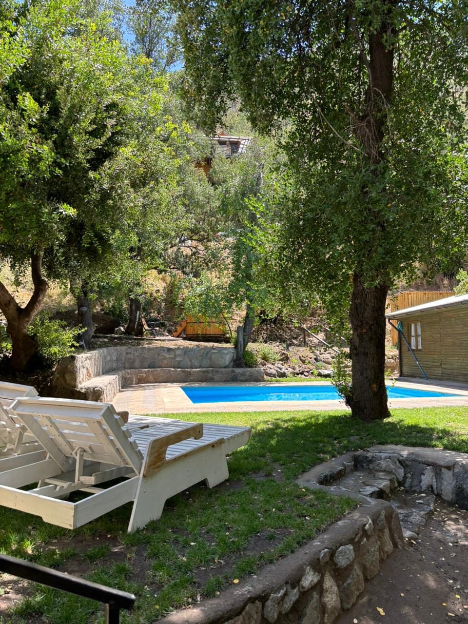 A peaceful outdoor space features a swimming pool surrounded by lush trees. Sun loungers are positioned on a grassy area, providing a comfortable spot for relaxation. A stone wall encircles the pool, enhancing the serene environment of the property.