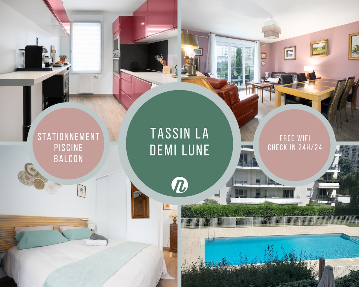 The image presents a collage showcasing various areas of the apartment. A modern kitchen features red cabinets, a living area with comfortable seating, a bedroom with a spacious bed, and an outdoor pool view, highlighting accessible amenities and a welcoming environment.