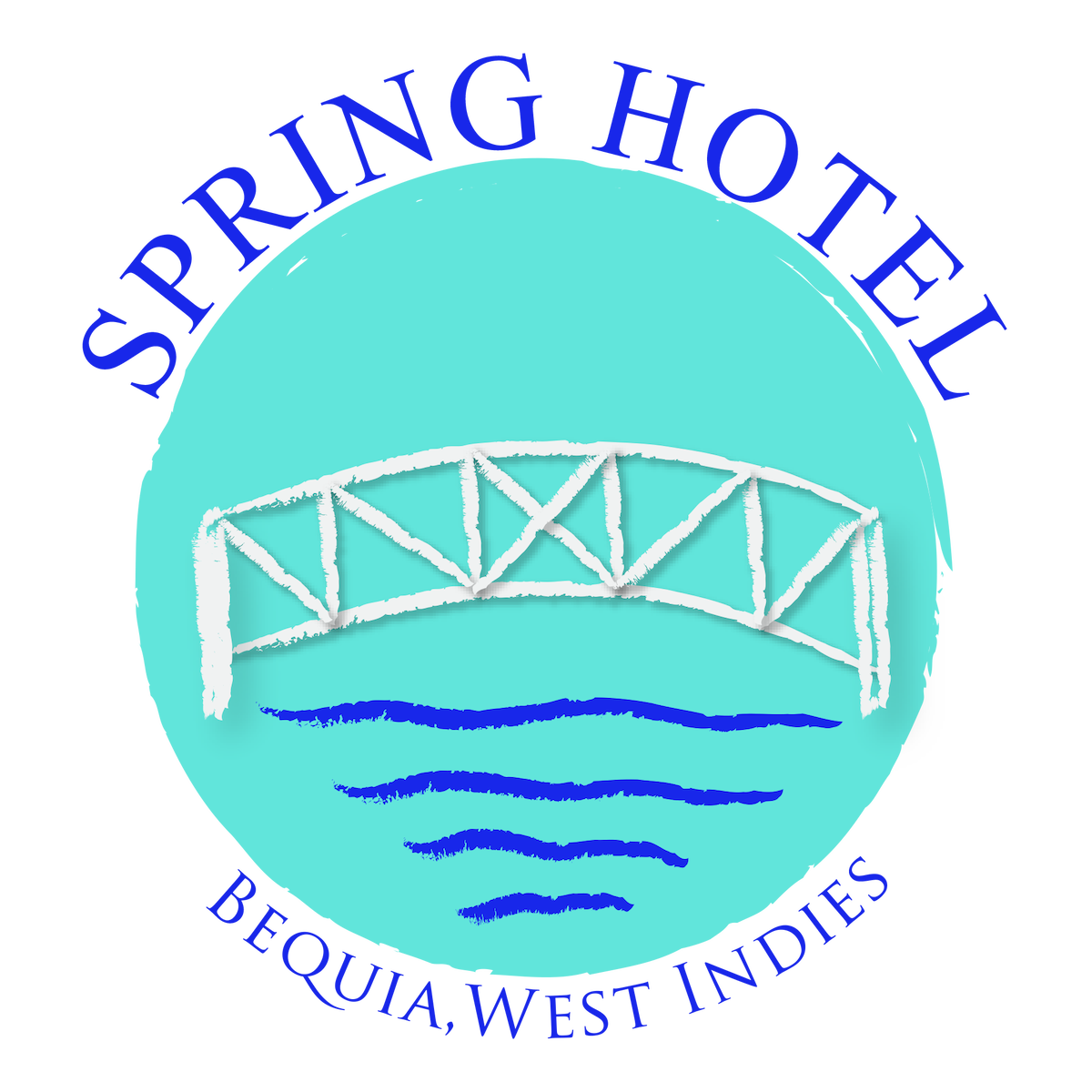 The logo of Spring Hotel Bequia features a stylized bridge with waves below it, set against a turquoise background. The name 'Spring Hotel' is displayed prominently above the bridge, with 'Bequia, West Indies' written below in a complementary style.