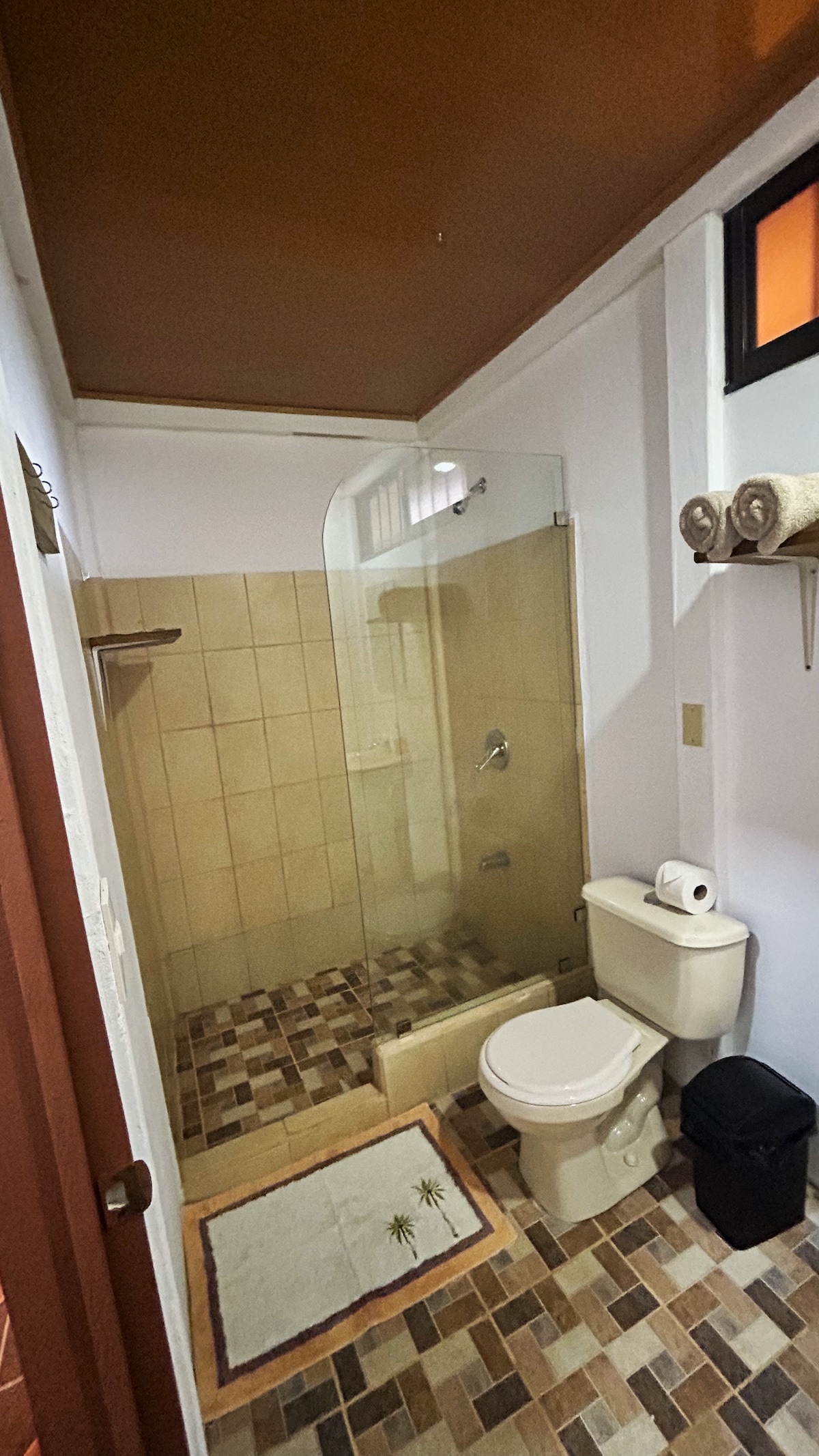 A well-appointed bathroom features a glass shower enclosure and a modern toilet. A small shelf holds two rolled towels, while a wastebasket is positioned nearby. The floor consists of patterned tiles, and a bath mat with a simple design is placed in front of the shower.