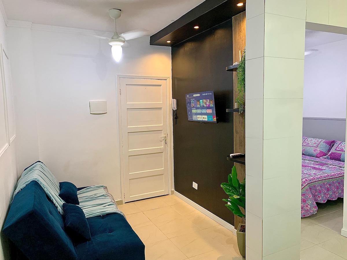 A cozy living area features a comfortable blue sofa and a mounted television displaying streaming options. The walls are painted in soft tones, complemented by a dark accent wall with decorative shelves. A plant adds a touch of green to the space, with a view into the bedroom beyond.