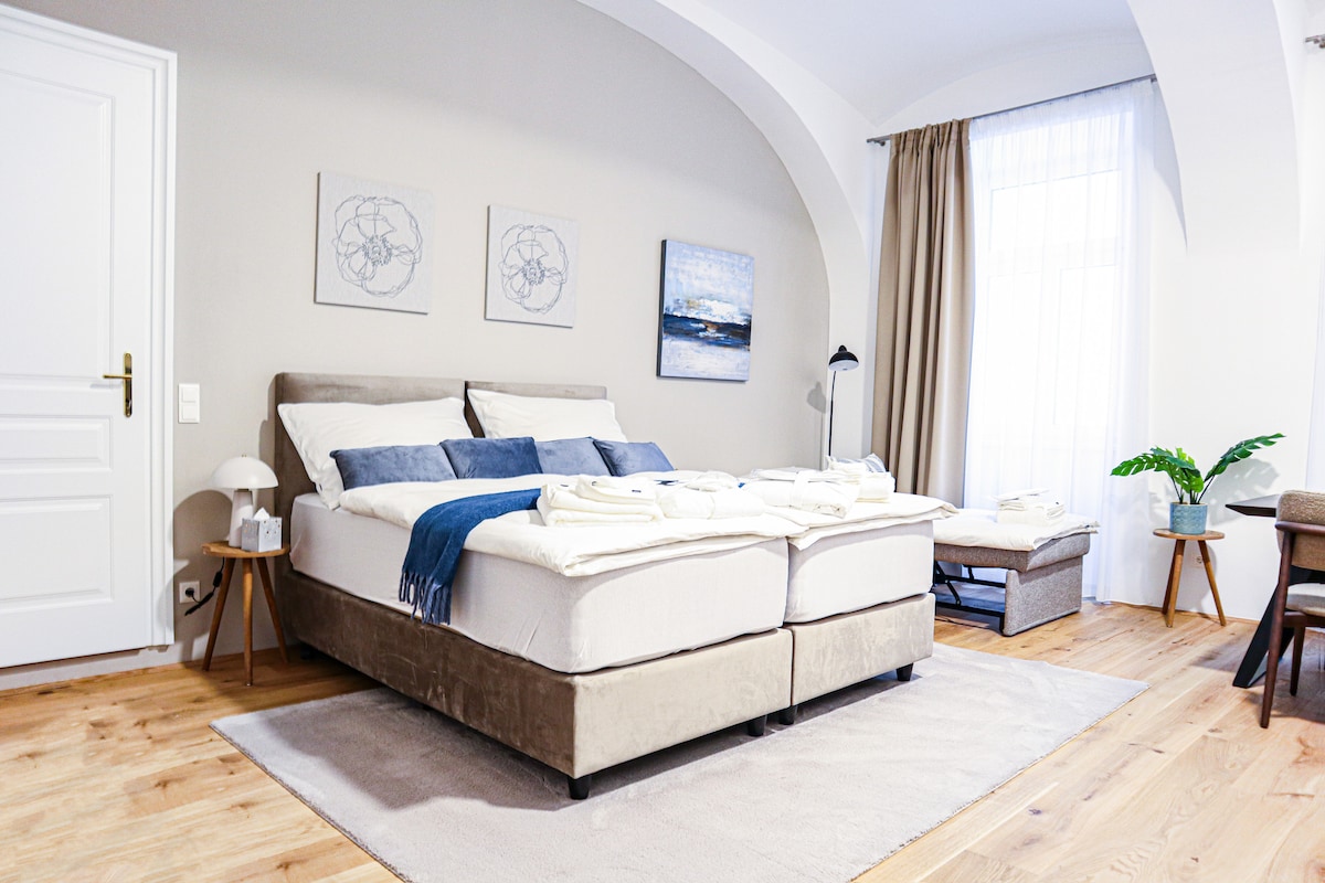 A spacious bedroom is highlighted by a large bed dressed in soft linens and neatly arranged towels. There are two artworks on the wall, a cozy armchair, and a sleek side table beside a lamp. Natural light enters through a large window covered by light curtains.