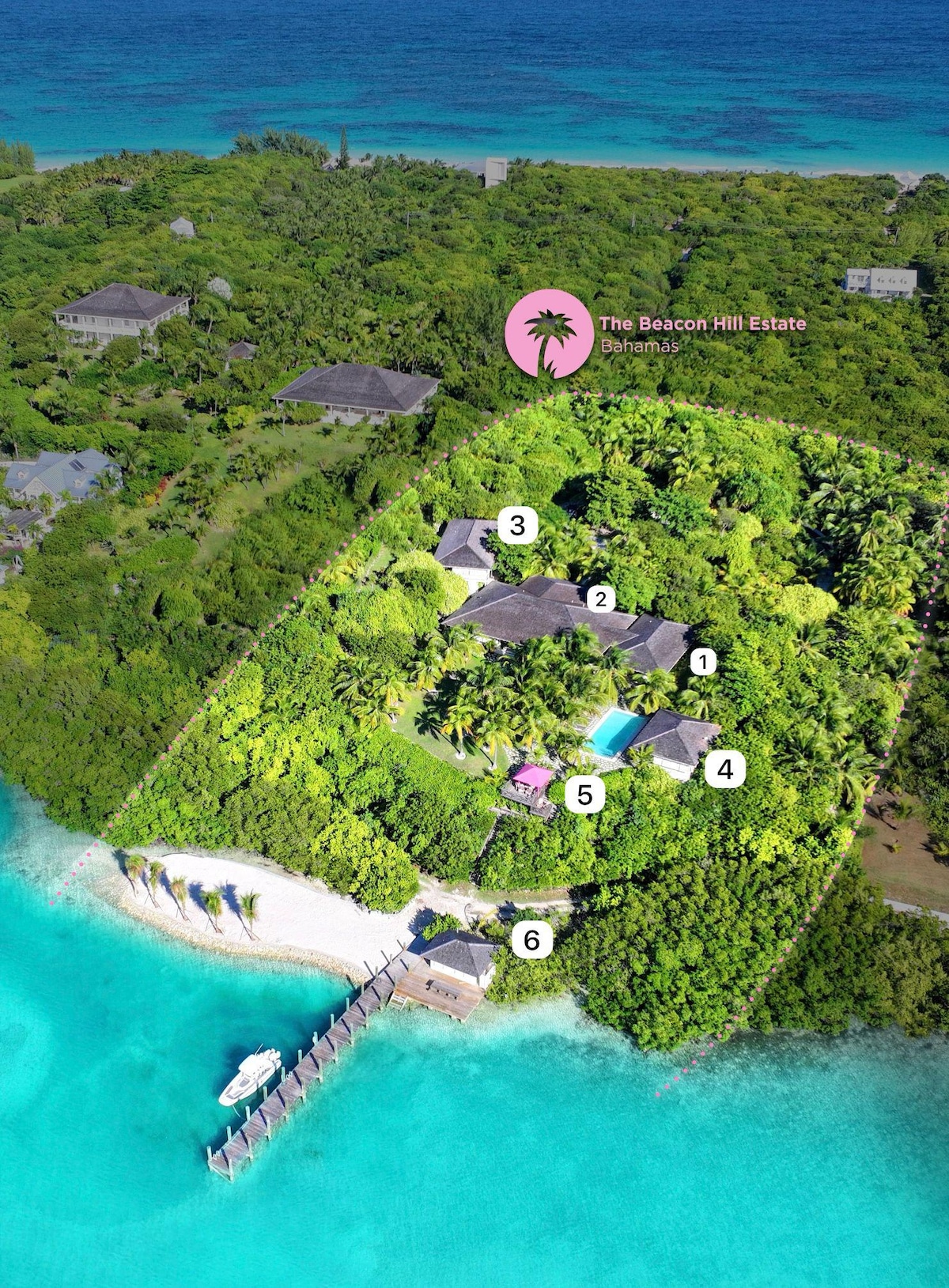 An aerial view of The Beacon Hill Estate is presented, surrounded by lush tropical foliage. The private beach is visible in the foreground, leading to a turquoise bay. A dock extends into the water, with several buildings seamlessly integrated into the landscape.