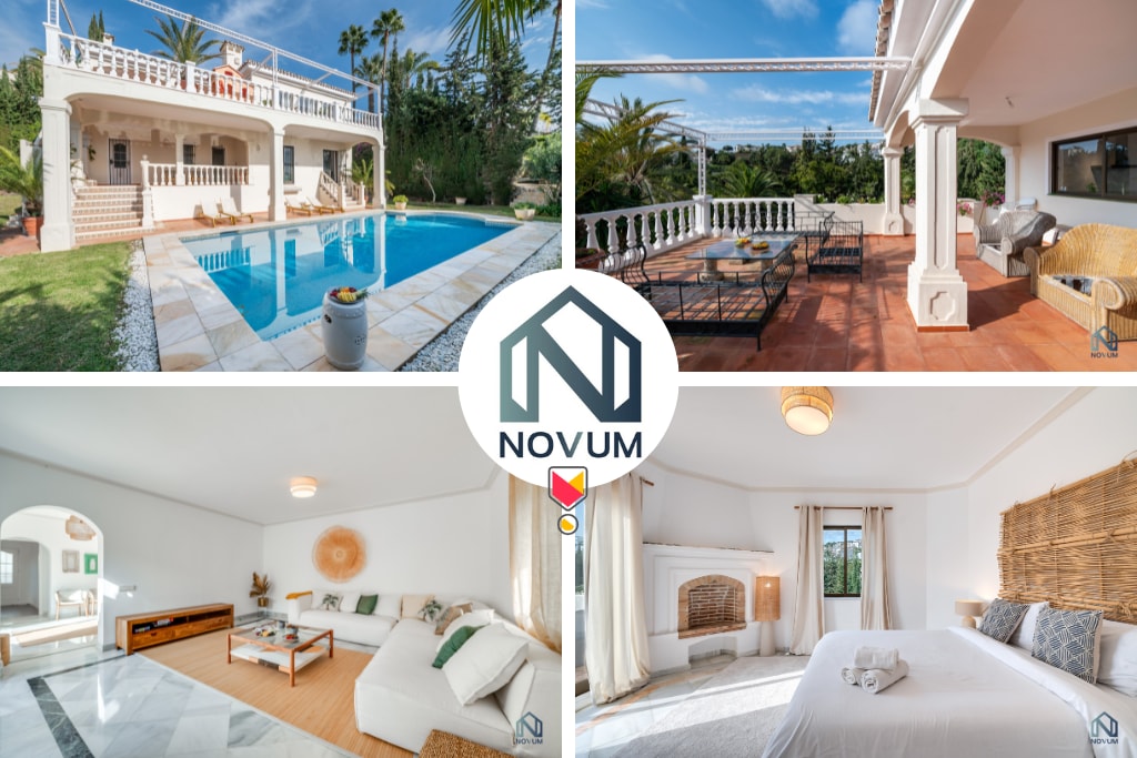 The image showcases multiple perspectives of the villa, highlighting a pristine private pool surrounded by lush greenery, a spacious terrace with outdoor seating, a light-filled living area featuring plush sofas, and a serene bedroom with a cozy fireplace and soft linens.