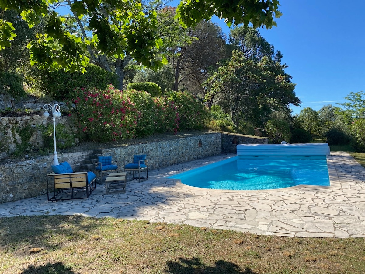 A serene outdoor area features a clear blue pool surrounded by a stone patio. Comfortable seating is arranged nearby, complemented by lush greenery and flowering plants that enhance the tranquil setting.