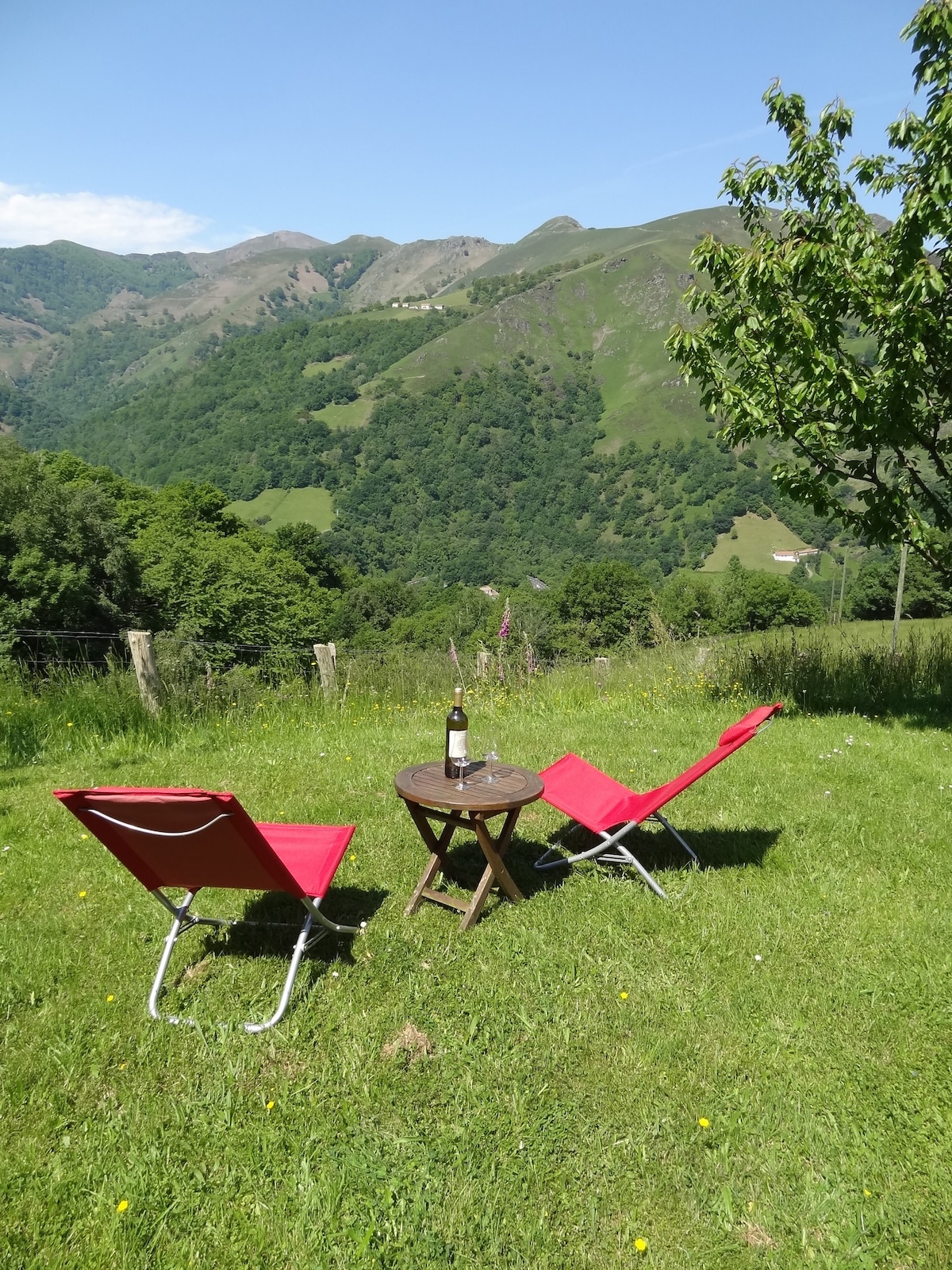 Two red chairs are positioned around a small wooden table, set against a backdrop of rolling green hills and mountains. A bottle of wine and glasses rest on the table. The grassy area offers a peaceful outdoor setting with a clear blue sky overhead.