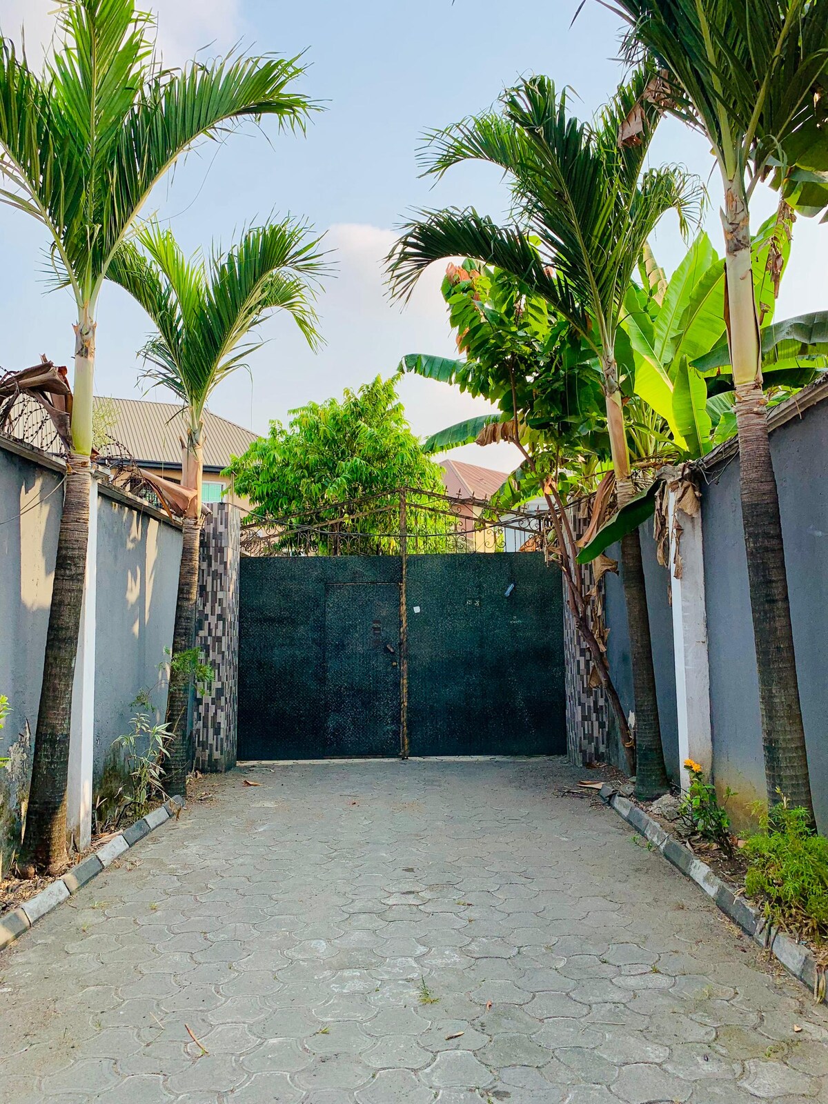 The entrance to the property is framed by tall palm trees and lush greenery. A large, secured gate stands in the center, flanked by stonework and foliage, creating a welcoming entryway. A brick-paved path leads to the gate, offering a serene access point.