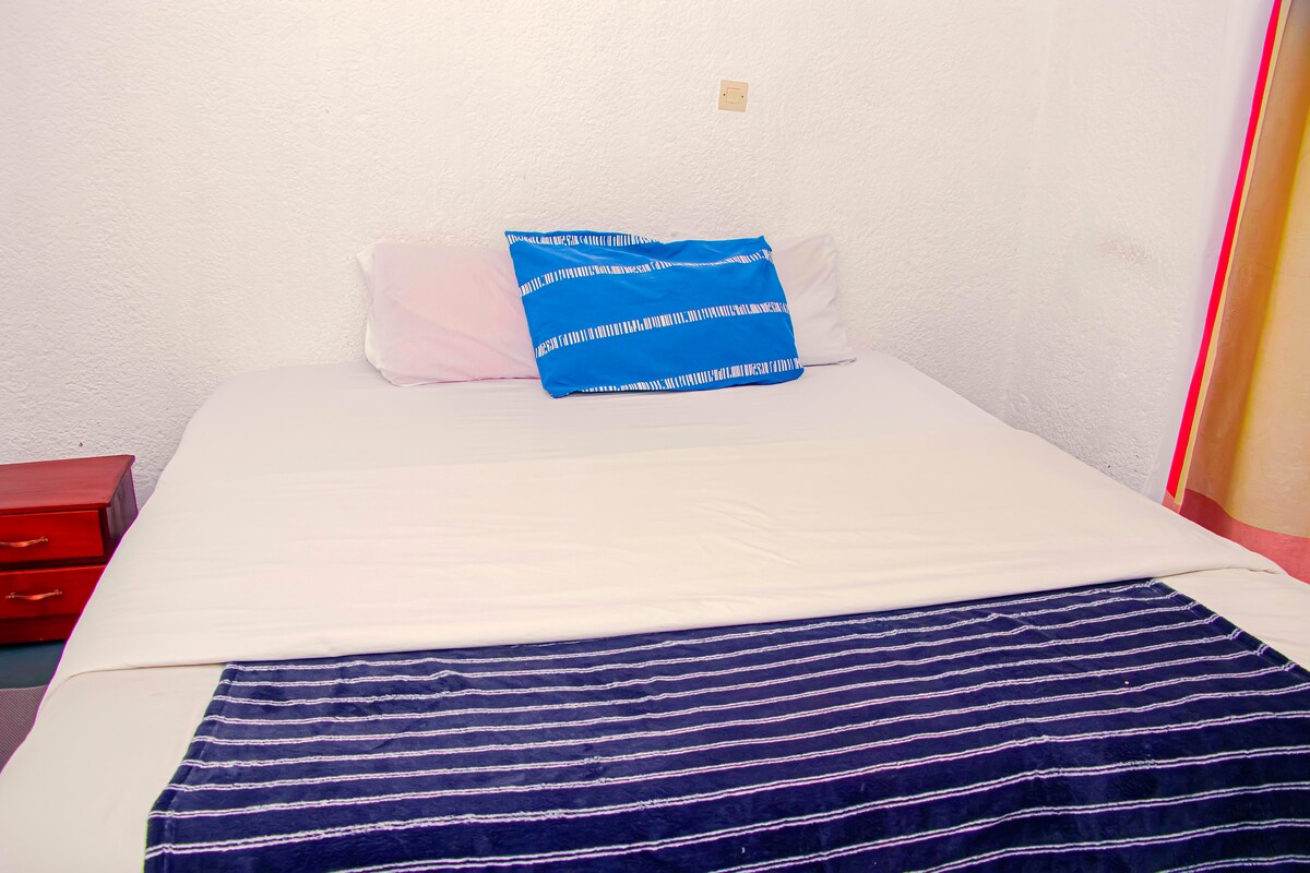 A spacious bed is dressed in a light-colored sheet, featuring a striped blue and white decorative pillow. A dark striped blanket is draped at the foot of the bed. A wooden nightstand stands nearby, contributing to the cozy atmosphere.