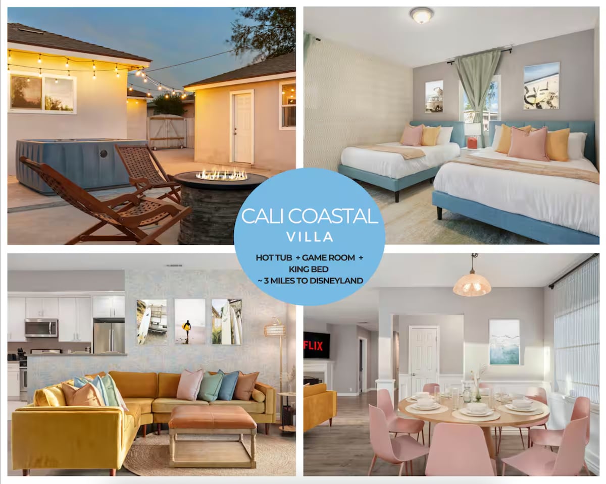 The outdoor area includes a private hot tub and comfortable lounge chairs, ideal for relaxation. A cozy fire pit area enhances the ambiance. An inviting game room with various entertainment options is visible. Inside, a modern living room features a sectional sofa and a dining table for six.