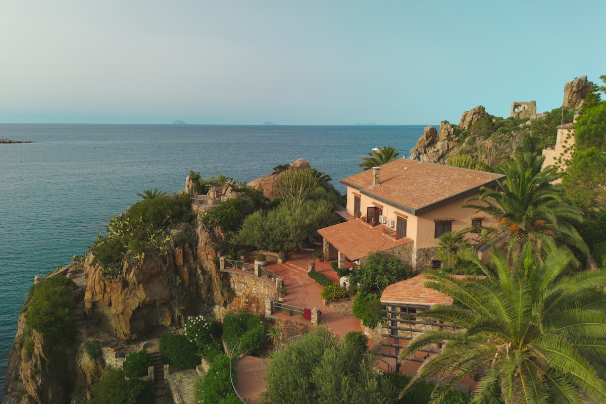 Aerial view of a villa perched on a rocky cliff overlooking the tranquil sea. Lush greenery and palm trees surround the terracotta-roofed structure, with expansive outdoor areas featuring stone pathways and garden spaces. The horizon offers a serene blue expanse, enhancing the villa's coastal charm.