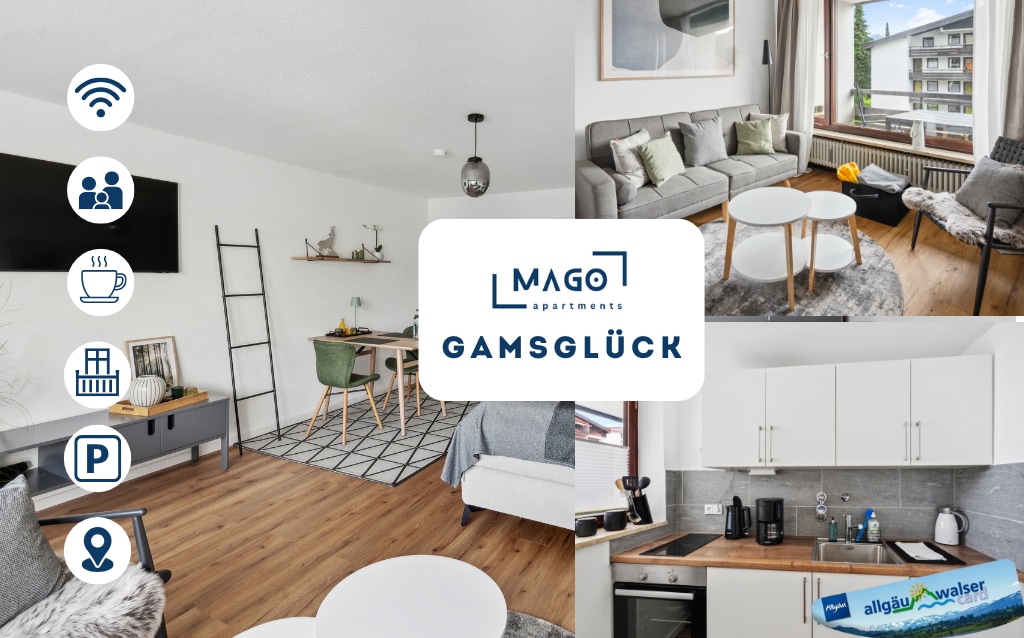 A modern living area features a cozy seating arrangement with a gray sofa and decorative cushions. Two round coffee tables are positioned on a plush area rug. Natural light floods the space through large windows, which overlook the surrounding neighborhood.