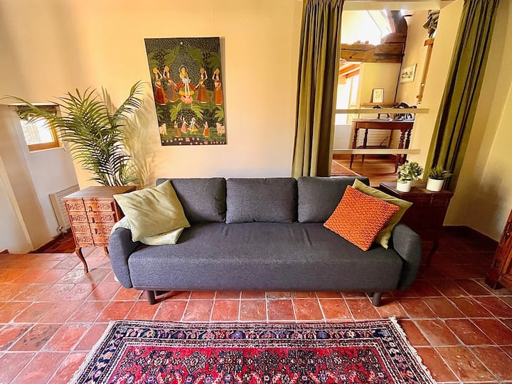 Kjo dhomë e vogël ndenjjeje ka një divan krevat (krevat dopio) dhe një televizor