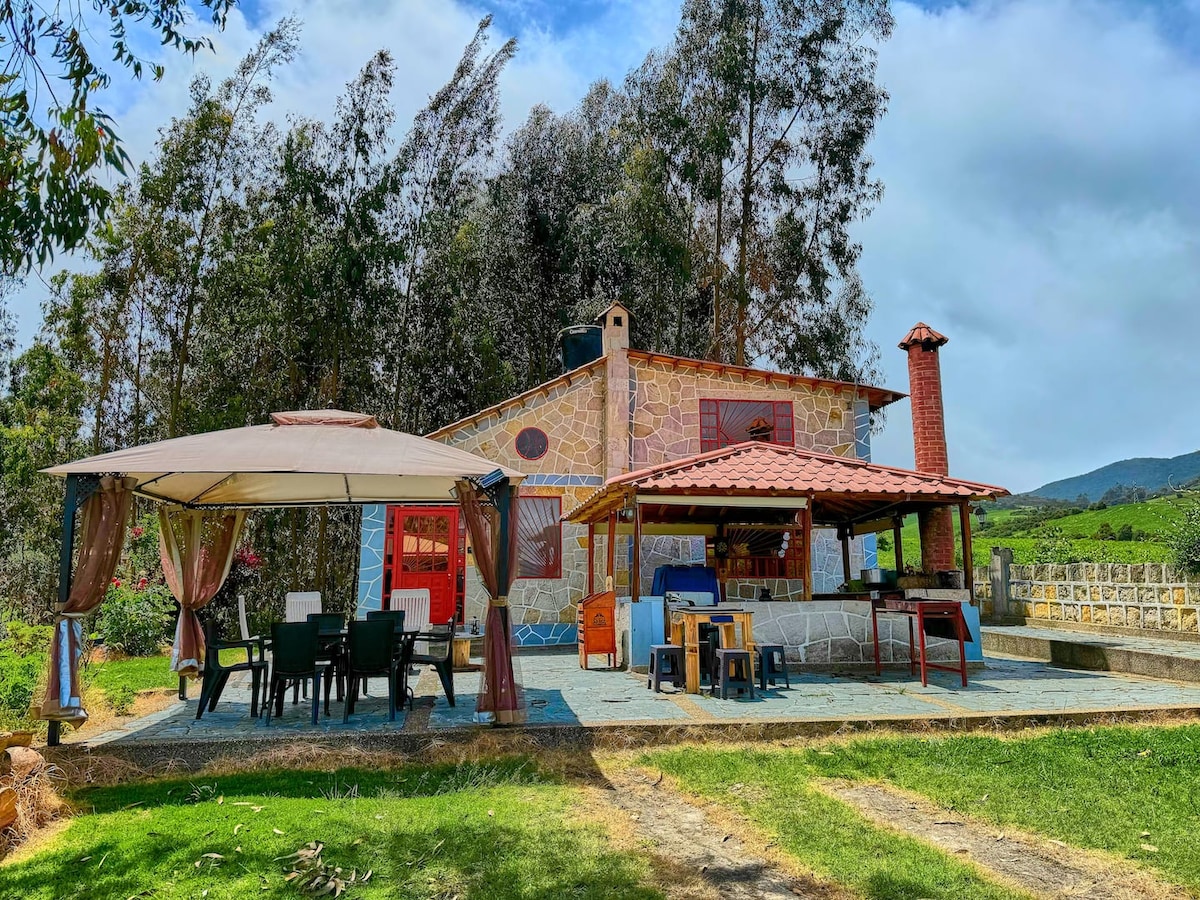 A stone house is set against a backdrop of trees and hills, featuring a red roof and a chimney. An outdoor dining area is shaded by a large gazebo, furnished with a table and chairs. A barbecue grill is also visible, creating a welcoming space for gatherings.