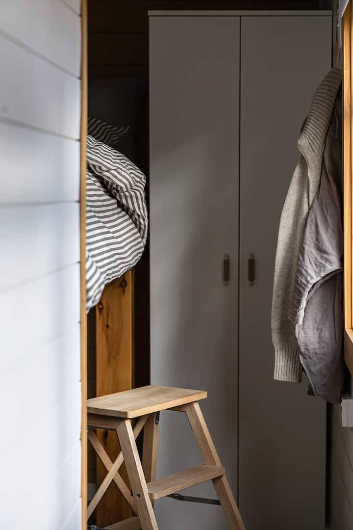 The queen sized bunk bed with step ladder to enjoy being a kid again!