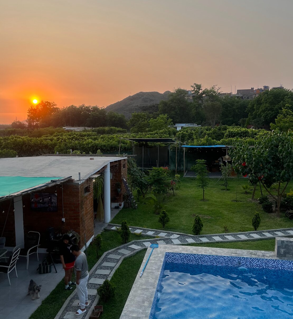 A scenic view captures a vibrant sunset over a serene outdoor space. The pool is framed by lush greenery and wooden bungalows, while a pathway winds through the garden. The surrounding landscape features gentle hills, enhancing the natural ambiance.