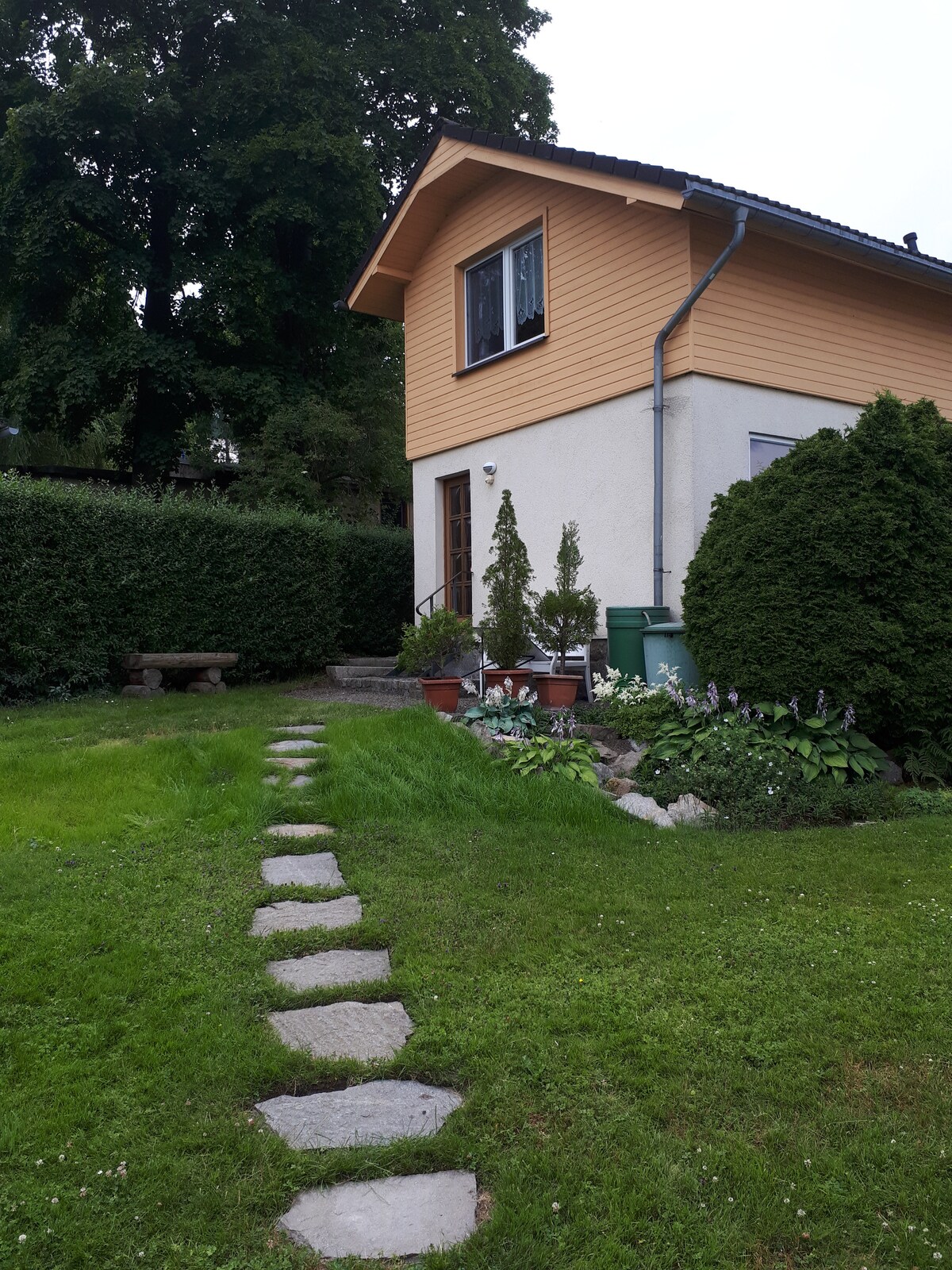 A path of stone stepping stones leads through a green garden towards a two-story house with yellow siding. Lush bushes frame the property, while potted plants add color to the space. A separate entrance to the house is visible, contributing to the welcoming outdoor ambiance.